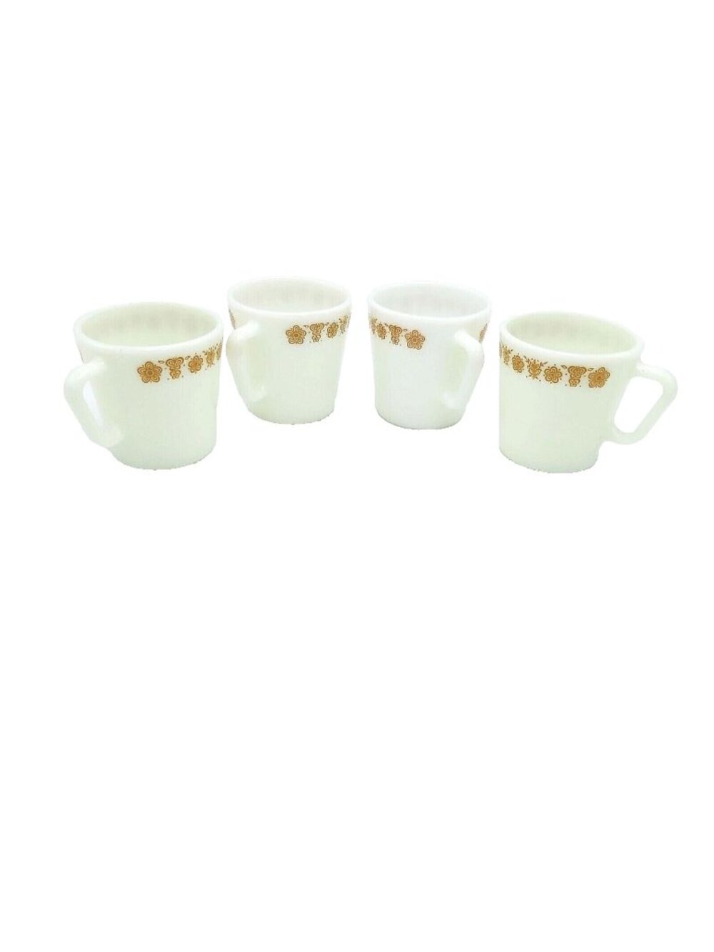 Pyrex 1410 Butterfly Gold Milk Glass Coffee Mugs D Handles 10oz Set of 4-USA